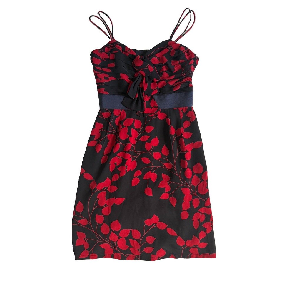 Tory Burch Black/Red Floral 100% Silk grosgrain Bow Strappy Sweetheart Dress 4